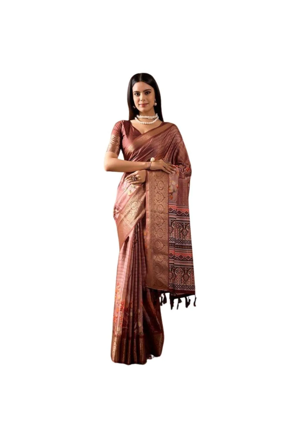 Generic Women's Faux_Silk Printed Saree With Unstitched Blouse 5.5Mtr (Brown)