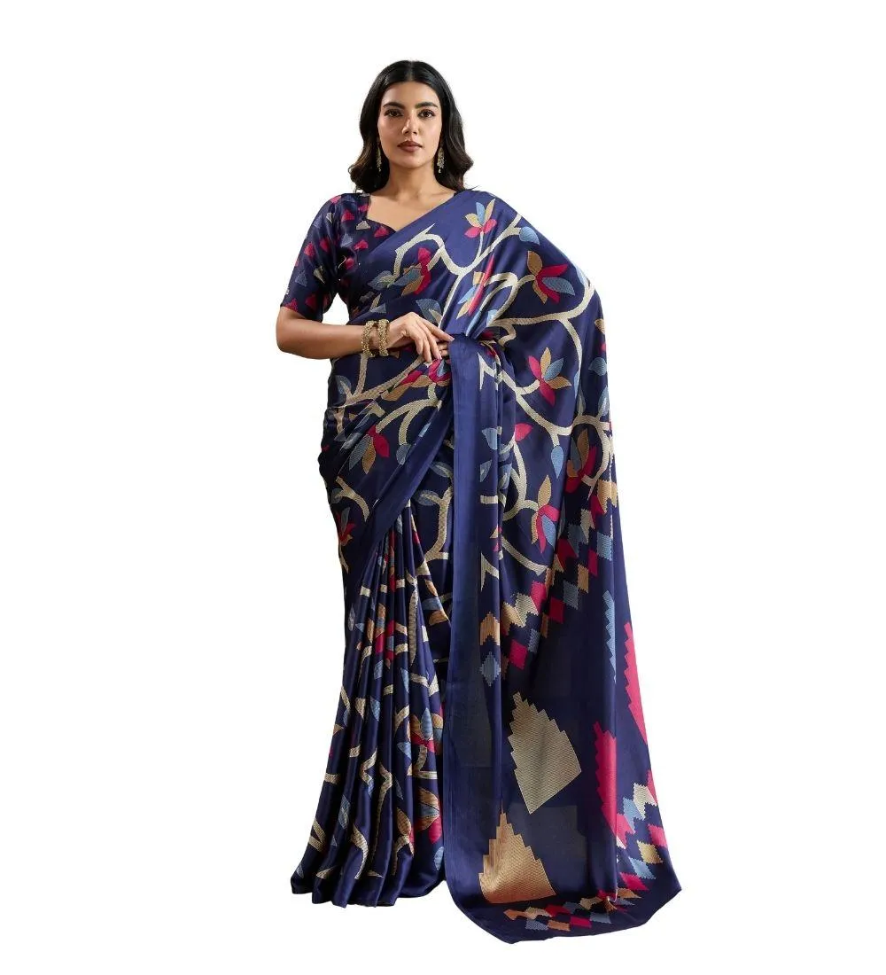 Generic Women's Satin Crepe Printed Saree With Unstitched Blouse 5.5Mtr (Navy Blue)