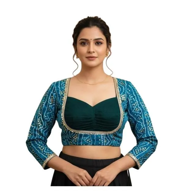 Generic Women's Rayon Sabyasachi Style Round Neck Padded Blouse (Sky-Blue, 38 Ready Size (Self-Alterable 36–40)