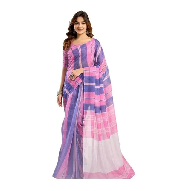 Generic Women's Linen Cotton Printed Ready To Wear Saree With Unstitched Blouse 5.5 Mtr (Pink)