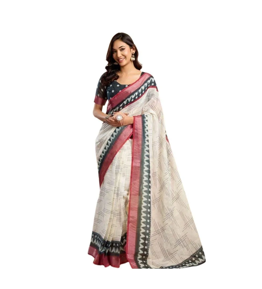 Generic Women's Linen Cotton Printed Ready To Wear Saree With Unstitched Blouse 5.5 Mtr (Off_White)