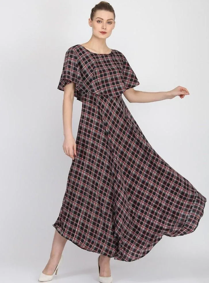 Generic Women's Crepe Checked Half Sleeves Full Length Gown(Multi)