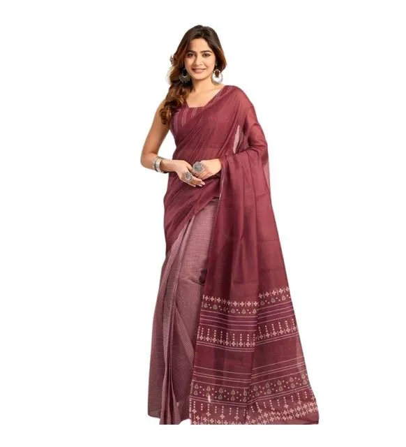 Generic Women's Linen Cotton Printed Ready To Wear With Pocket Saree With Unstitched Blouse 5.5 Mtr (Maroon)