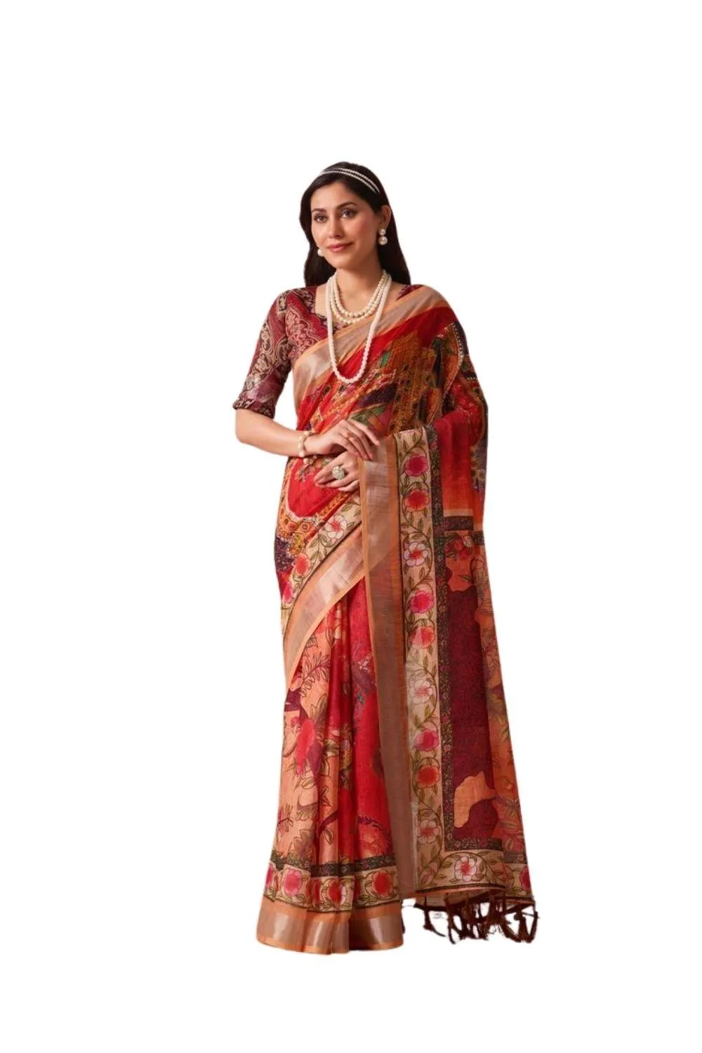 Generic Women's Faux_Linen Printed Saree With Unstitched Blouse 5.5Mtr (Red)