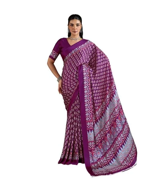 Generic Women's Satin Crepe Printed Saree With Unstitched Blouse 5.5Mtr (Purple)