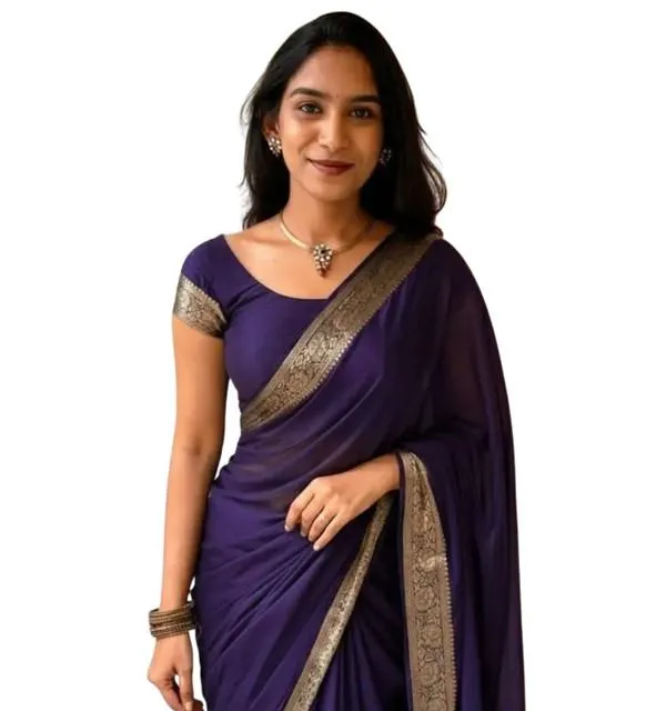 Generic Women's Vichitra Silk Printed Saree With Unstitched Blouse 5.5Mtr (Purple)