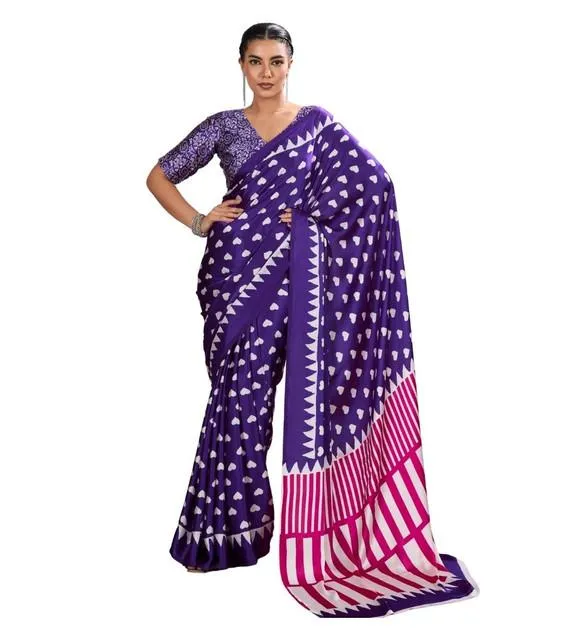 Generic Women's Satin Crepe Printed Saree With Unstitched Blouse 5.5Mtr (Navy Blue)