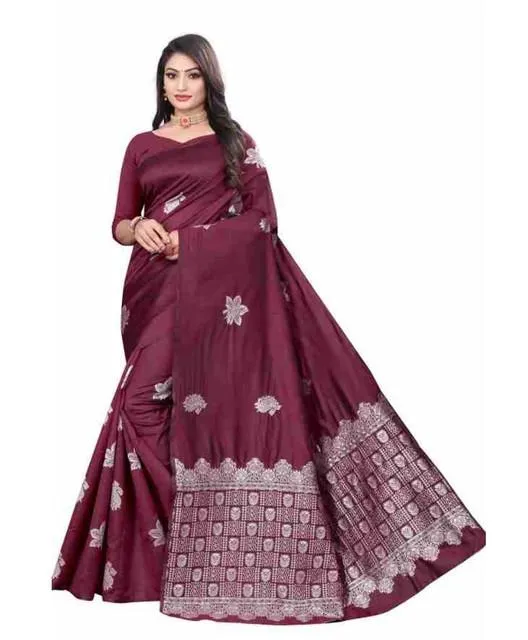 Generic Women's Soft Lichi Silk Printed Saree With Unstitched Blouse 5.5Mtr (Wine)