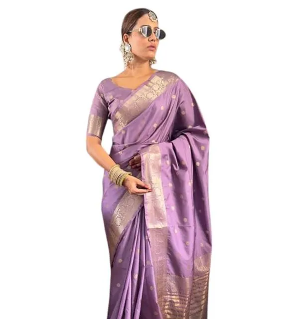 Generic Women's Satin Printed Saree With Unstitched Blouse 5.5Mtr (Purple)