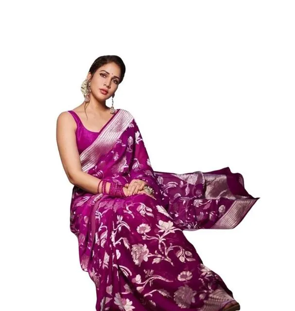 Generic Women's Soft Lichi Silk Printed Saree With Unstitched Blouse 5.5Mtr (Purple)