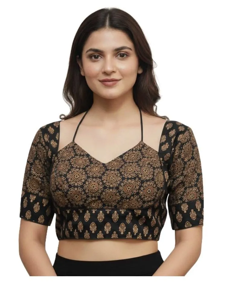 Generic Women's Ajrakh Cotton Printed Sweetheart Padded Blouse (Black 38 Ready (Self Alterable 36–40)