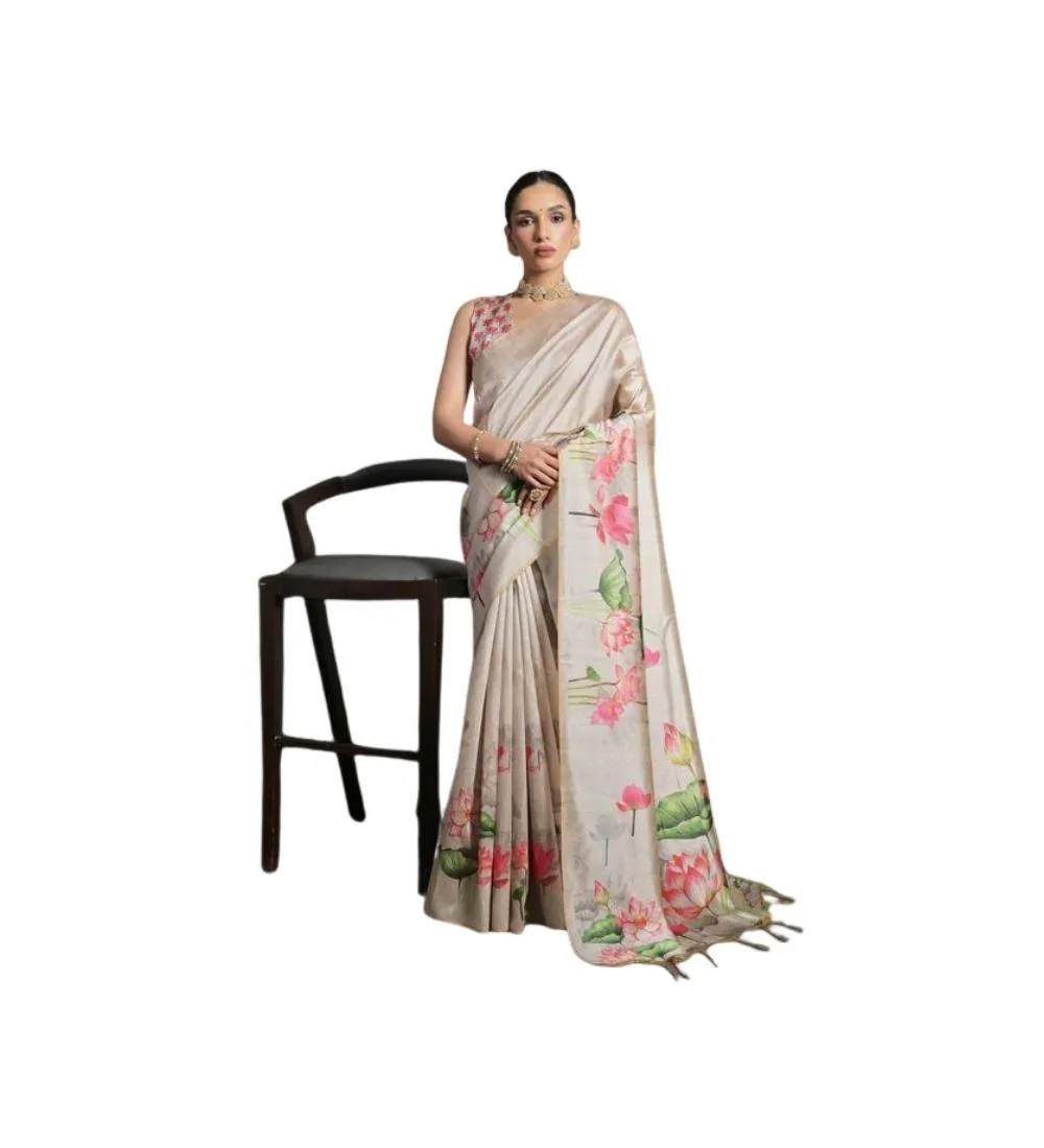 Generic Women's Cotton Printed Saree With Unstitched Blouse 5.5 Mtr (Cream)