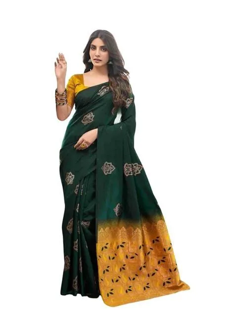 Generic Women's Soft Lichi Silk Printed Saree With Unstitched Blouse 5.5Mtr (Green)
