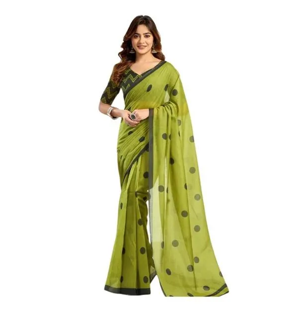 Generic Women's Linen Cotton Printed Ready To Wear Saree With Unstitched Blouse 5.5 Mtr (Green)