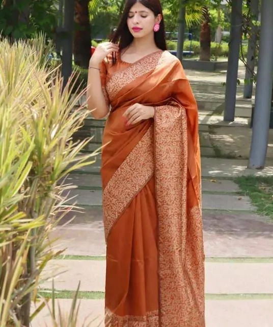 Generic Women's Soft Lichi Silk Printed Saree With Unstitched Blouse 5.5Mtr (Brown)