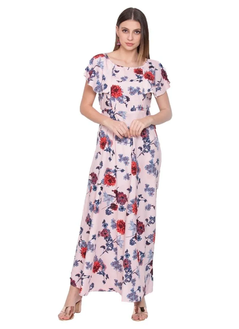 Generic Women's Crepe Floral Sleeveless Full Length Gown(Peach)