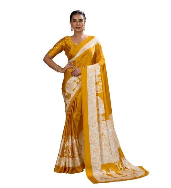 Generic Women's Satin Crepe Printed Saree With Unstitched Blouse 5.5Mtr (Mustard)