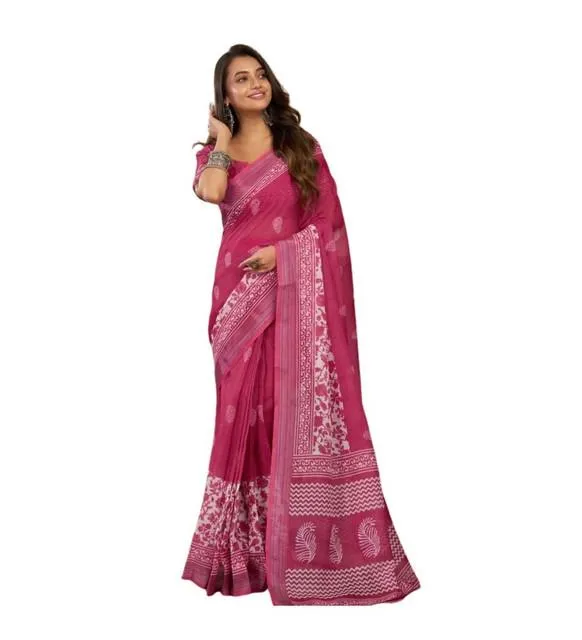 Generic Women's Linen Cotton Printed Ready To Wear Saree With Unstitched Blouse 5.5 Mtr (Pink)