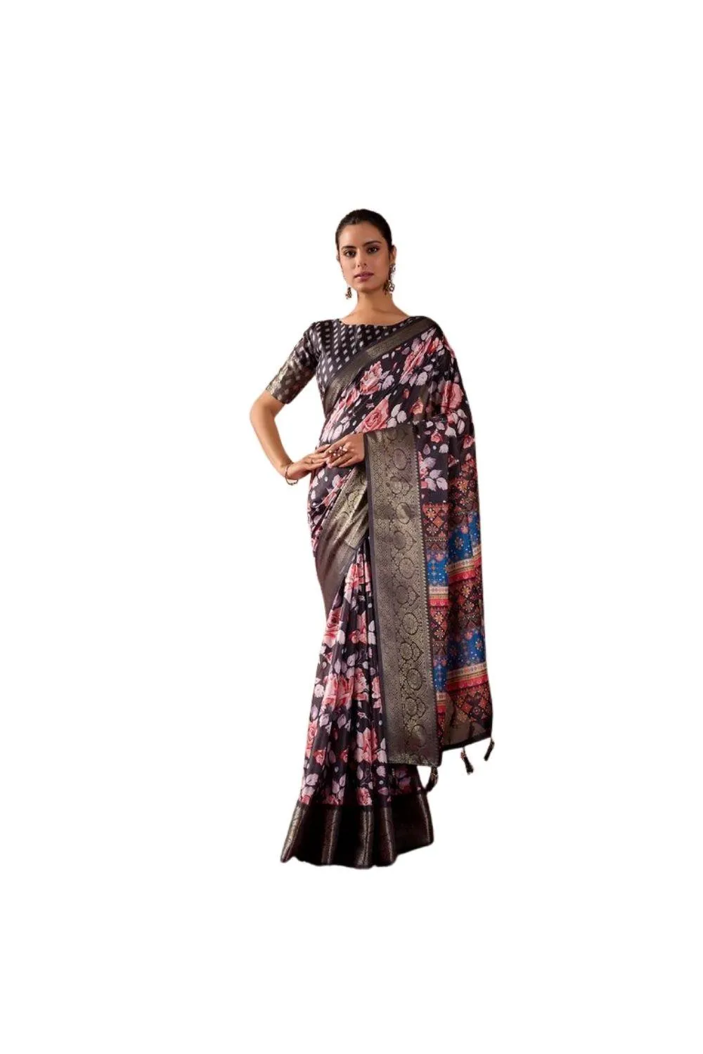 Generic Women's Faux_Silk Printed Saree With Unstitched Blouse 5.5Mtr (Blue)