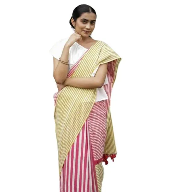 Generic Women's Linen Printed Saree With Unstitched Blouse 5.5Mtr (Yellow)