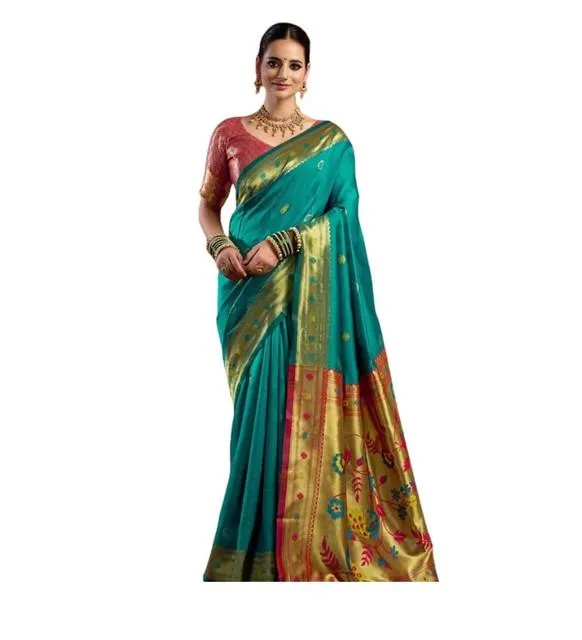 Generic Women's Silk Blend Woven Saree With Unstitched Blouse 5.5 Mtr (Aqua_Blue)