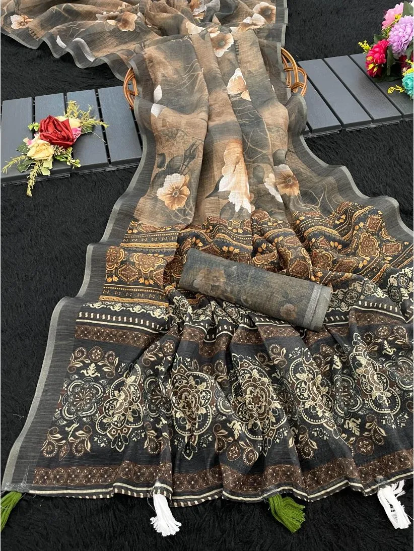 Generic Women's Linen Cotton  Printed Saree With Unstitched Blouse 5.5Mtr (Beige)