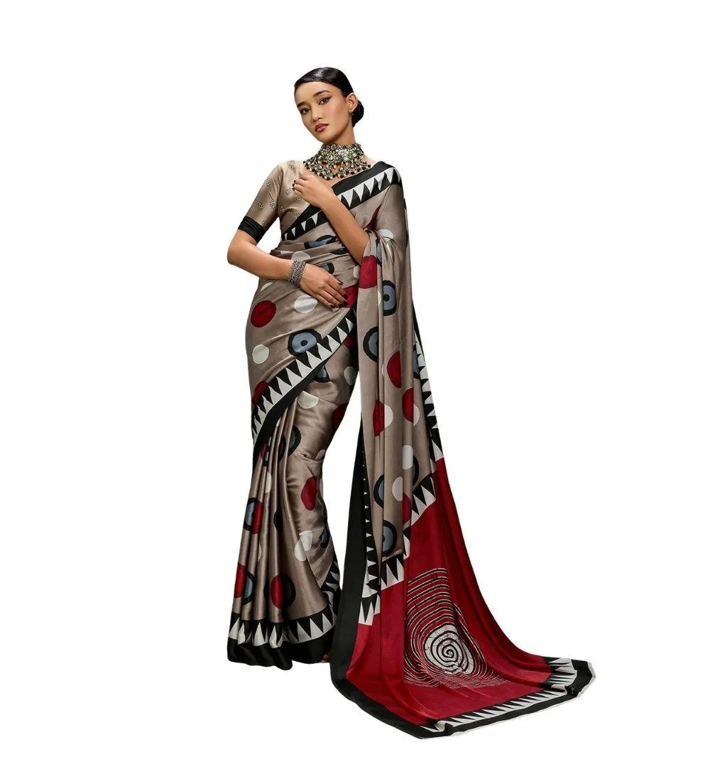 Generic Women's Satin Crepe Printed Saree With Unstitched Blouse 5.5Mtr (Grey)