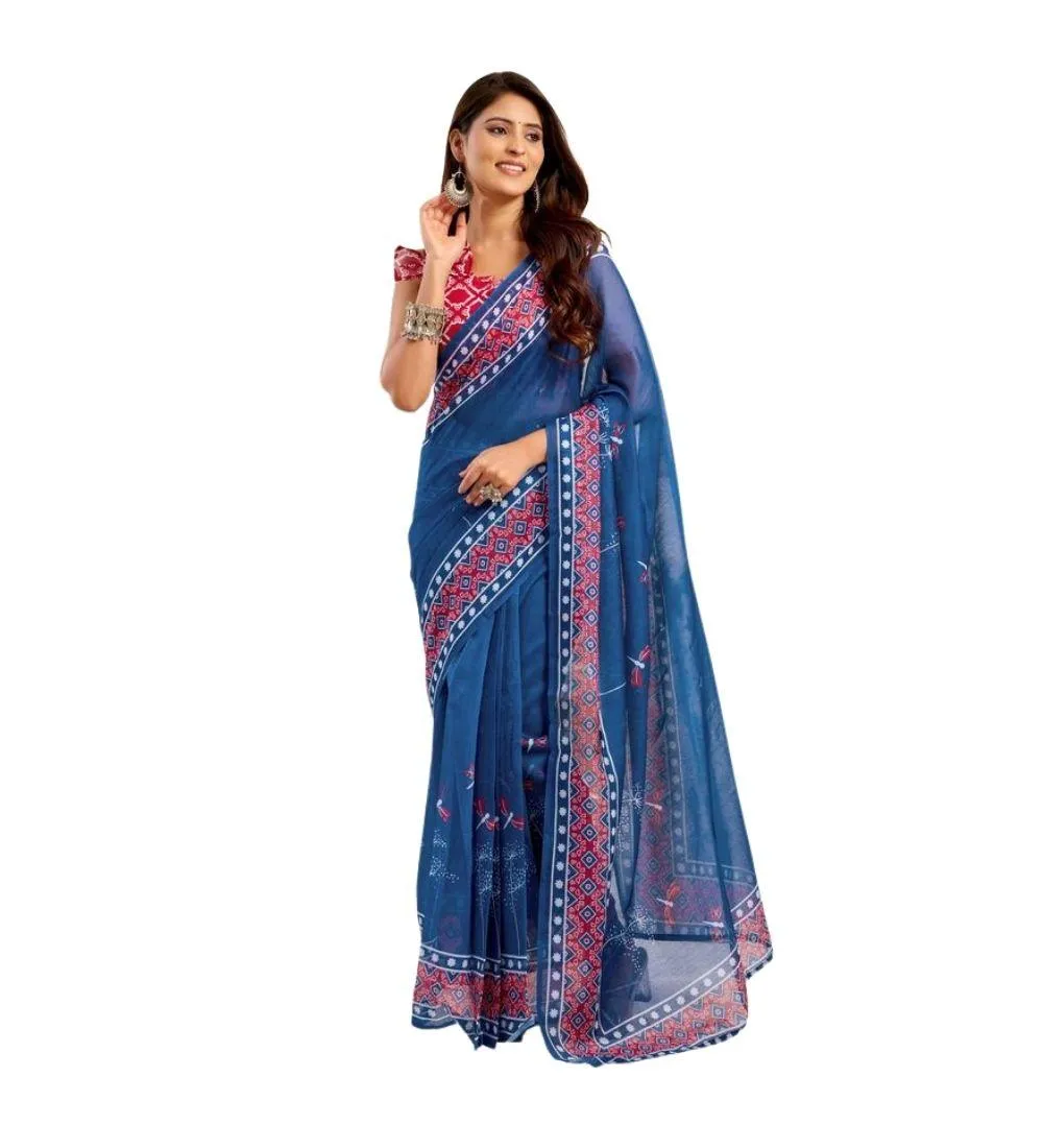 Generic Women's Linen Cotton Printed Ready To Wear Saree With Unstitched Blouse 5.5 Mtr (Blue)