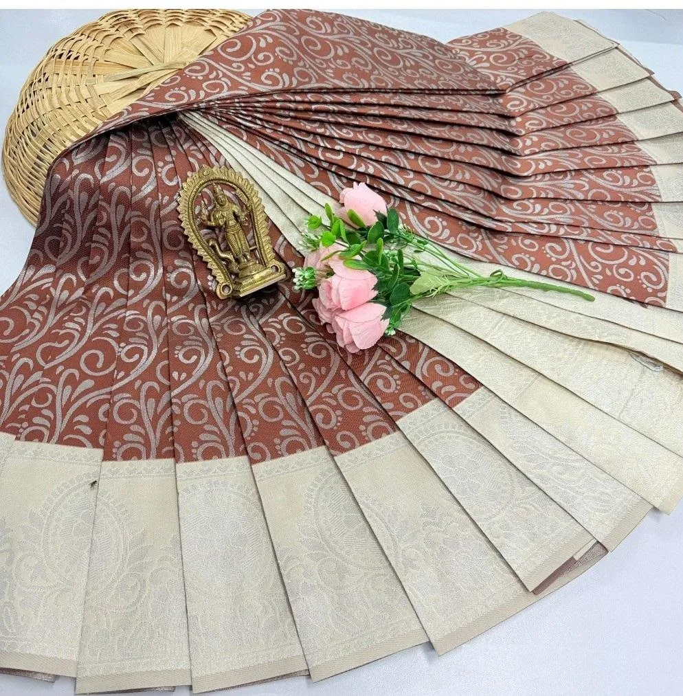 Generic Women's Soft Silk Printed Saree With Unstitched Blouse 5.5Mtr (Brown)