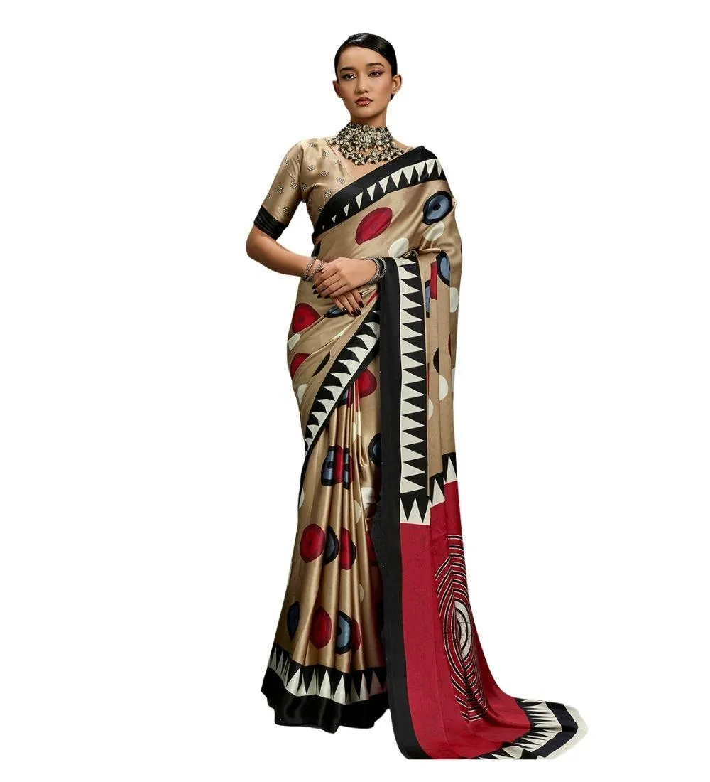 Generic Women's Satin Crepe Printed Saree With Unstitched Blouse 5.5Mtr (Multicolor)