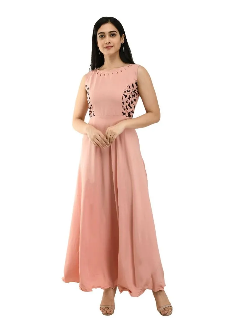 Generic Women's Crepe Solid Sleeveless Full Length Gown(Light Peach)