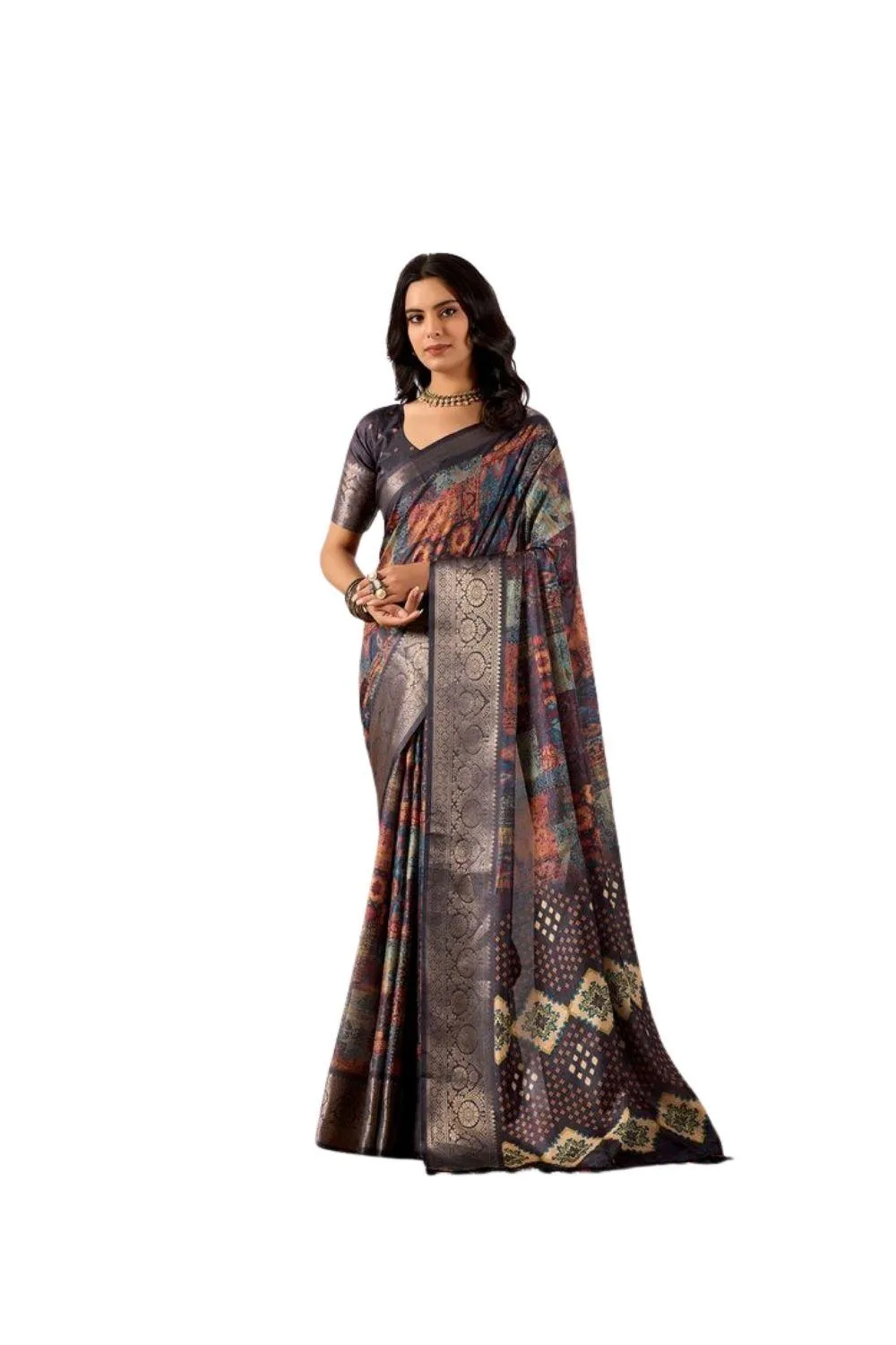 Generic Women's Faux_Silk Printed Saree With Unstitched Blouse 5.5Mtr (Navy_Blue)
