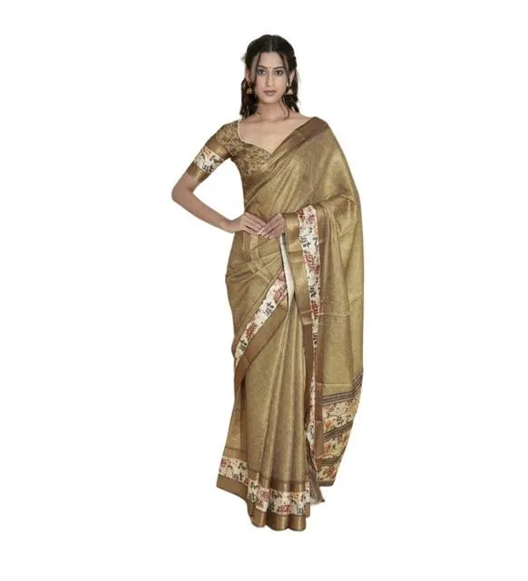 Generic Women's Polyester Printed Saree With Unstitched Blouse 5.5 Mtr (Gold)