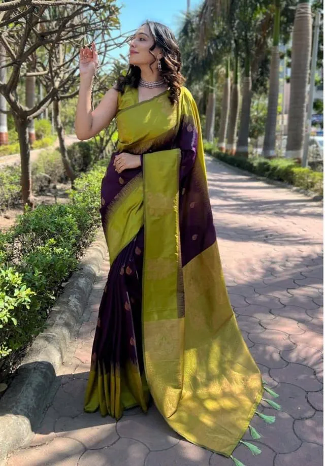 Generic Women's Soft Lichi Silk Printed Saree With Unstitched Blouse 5.5Mtr (Purple)