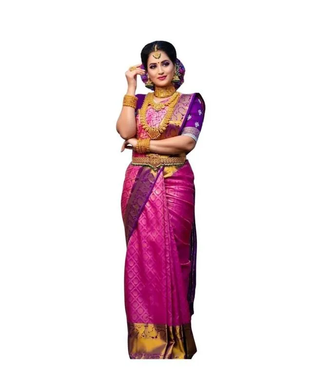 Generic Women's Soft Lichi Silk Printed Saree With Unstitched Blouse 5.5Mtr (Pink)