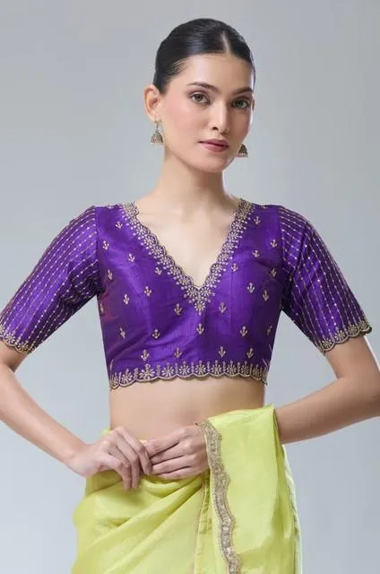 Generic Women's Banarasi Silk Sequence V Neck Non Padded Blouse (Purple 38 Ready (Alterable up to 42)