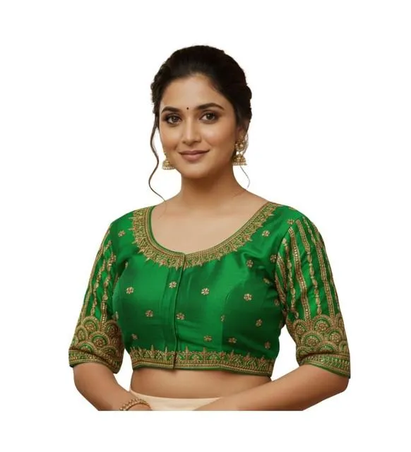 Generic Women's Phantom Silk Embroidered Designer Neck Padded Blouse (Light Green 38 Ready (Alterable up to 42)