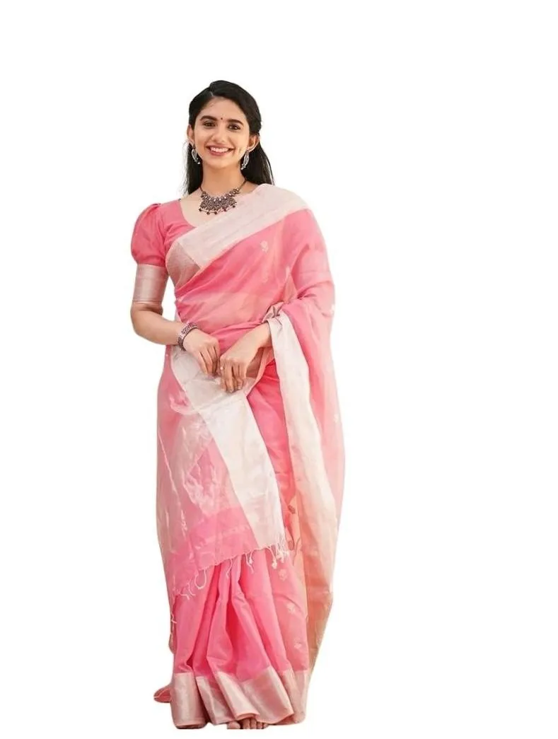 Generic Women's Soft Lichi Silk Printed Saree With Unstitched Blouse 5.5Mtr (Pink)