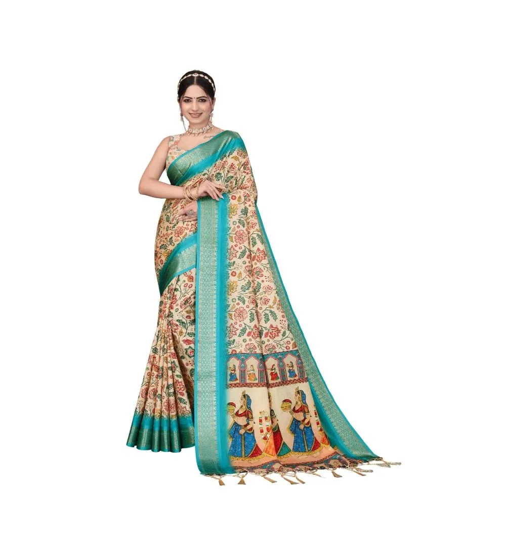 Generic Women's Cotton Silk  Printed Saree With Unstitched Blouse 5.5Mtr (Sky Blue)