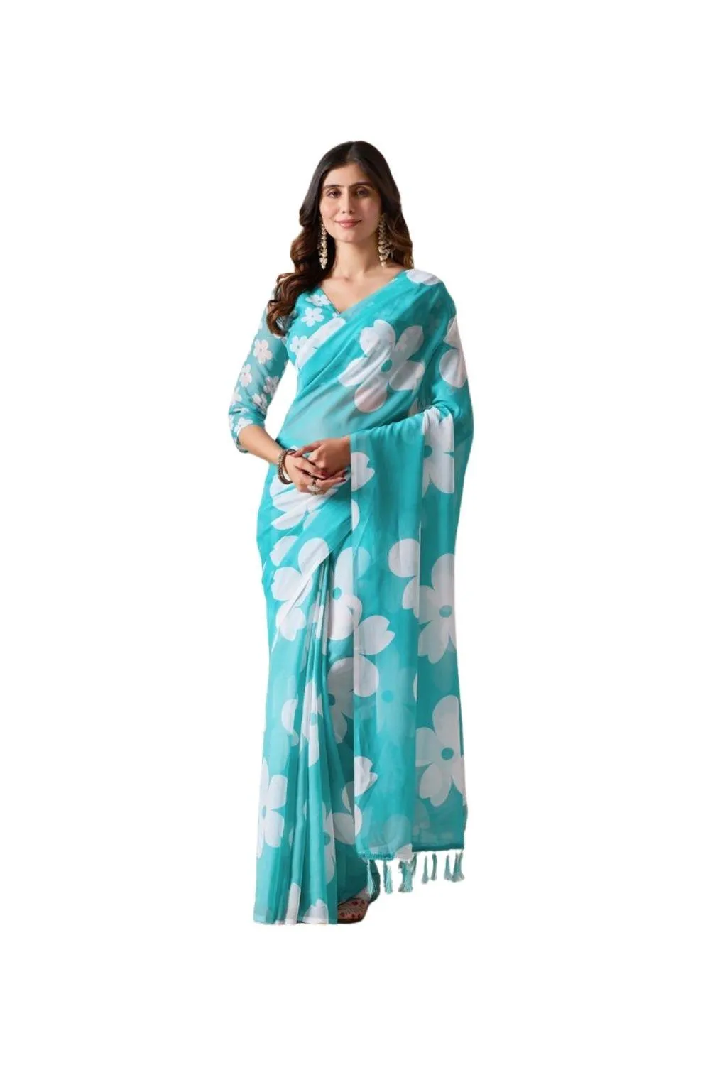 Generic Women's Georgette Printed Saree With Unstitched Blouse 5.5Mtr (Aqua_Blue)