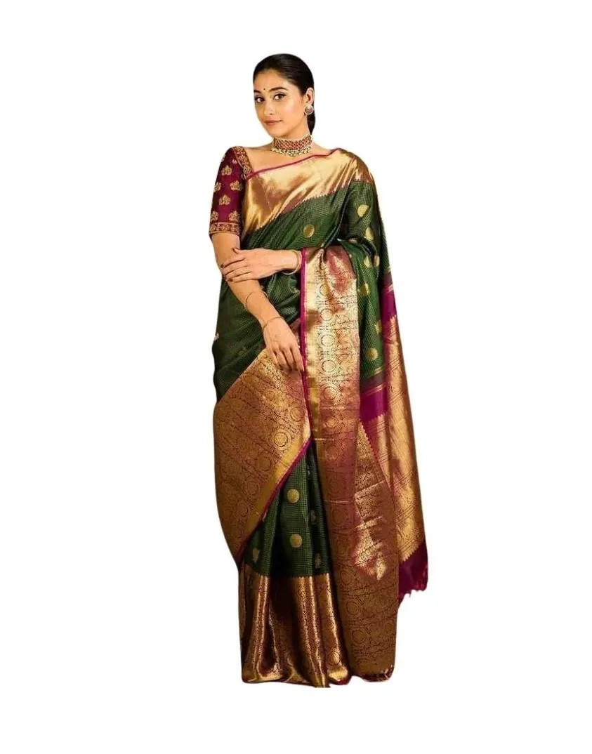 Generic Women's Soft Lichi Silk Printed Saree With Unstitched Blouse 5.5Mtr (Green)