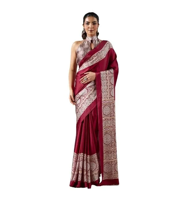 Generic Women's Satin Crepe Printed Saree With Unstitched Blouse 5.5Mtr (Maroon)