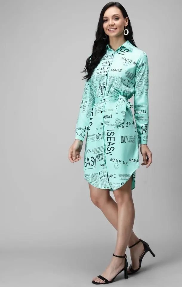 Generic Women's Crepe Paper Print Full Sleeve Short Tops(Blue)