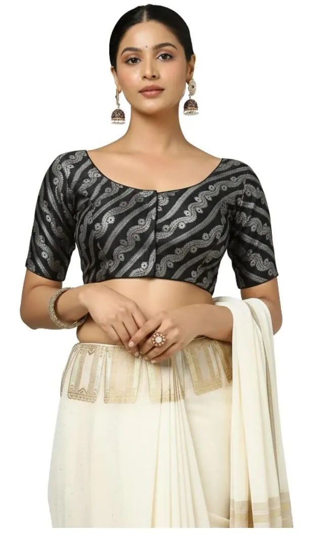 Generic Women's Jacquard Zari Round Neck Padded Blouse (Black 38 Ready (Self Alterable 36–40)