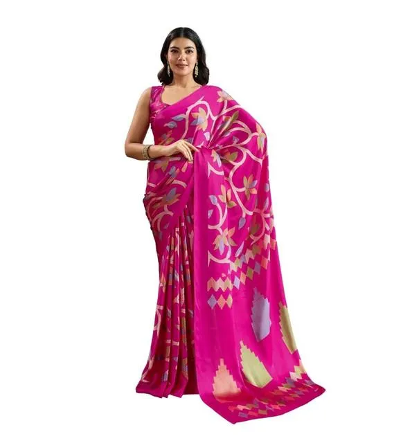 Generic Women's Satin Crepe Printed Saree With Unstitched Blouse 5.5Mtr (Pink)