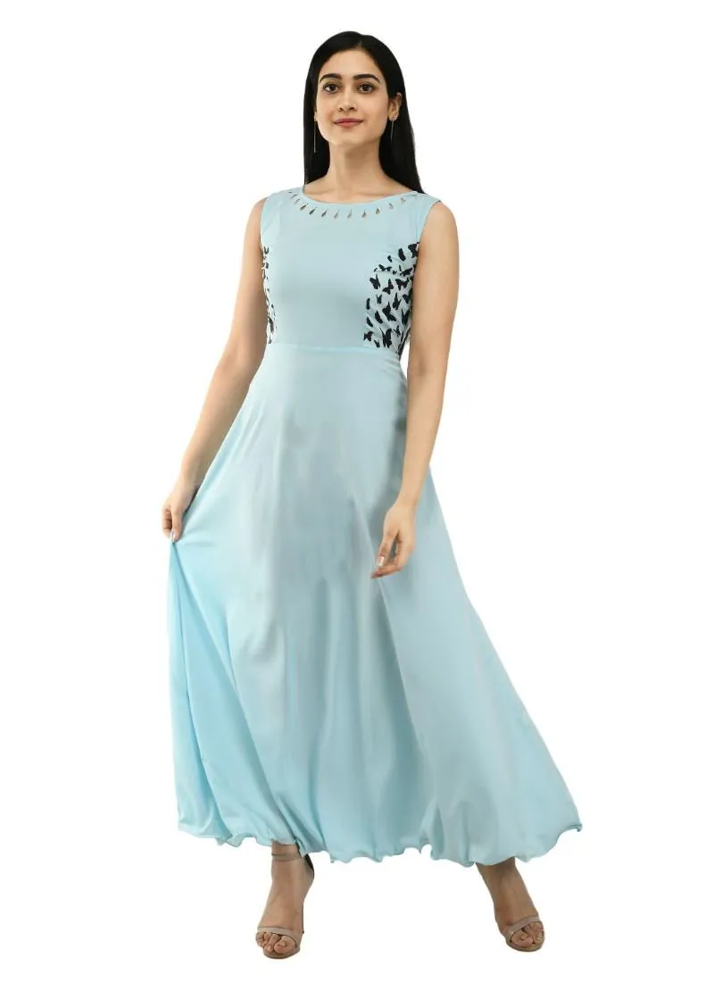 Generic Women's Crepe Solid Sleeveless Full Length Gown(Light Blue)