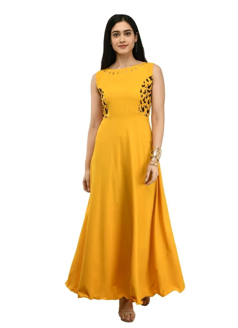 Generic Women's Crepe Solid Sleeveless Full Length Gown(Yellow)