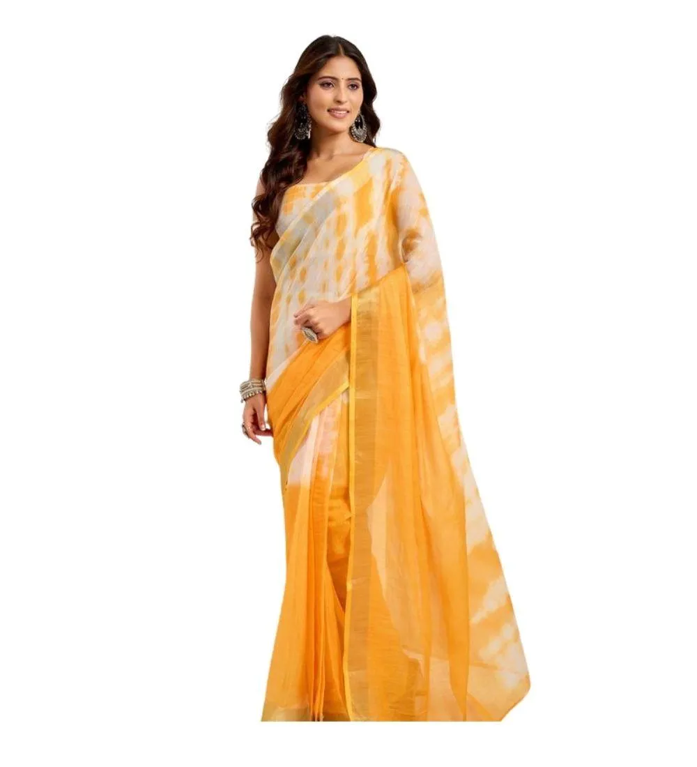Generic Women's Linen Cotton Printed Ready To Wear Saree With Unstitched Blouse 5.5 Mtr (Yellow)