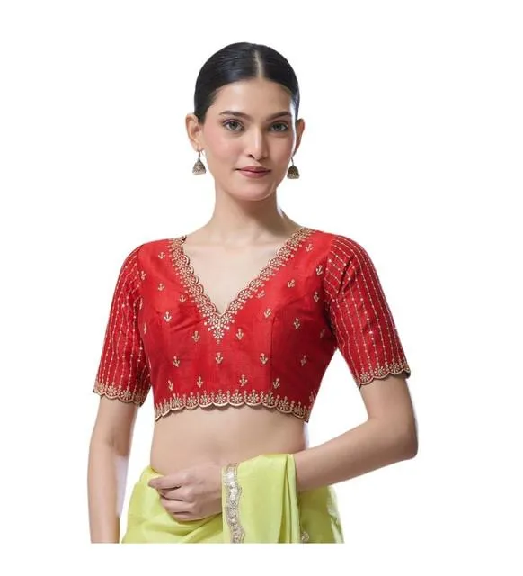 Generic Women's Banarasi Silk Sequence V Neck Non Padded Blouse (Red 38 Ready (Alterable up to 42)