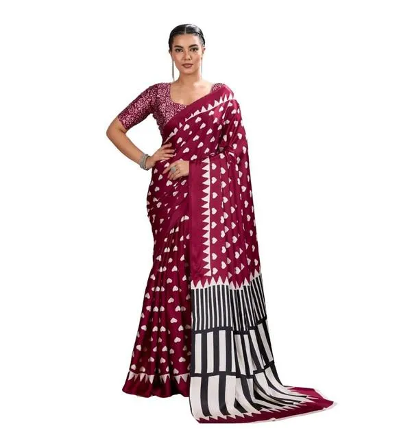 Generic Women's Satin Crepe Printed Saree With Unstitched Blouse 5.5Mtr (Maroon)